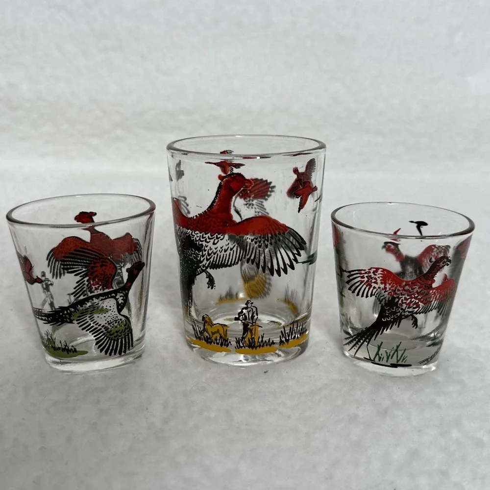 Vtg Hazel Atlas Pheasant Drinking 6 Glasses Tumblers  Shot Tumbler Red Gold 5
